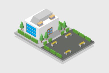 Önünde bir bank ve ağaç olan bir bina.