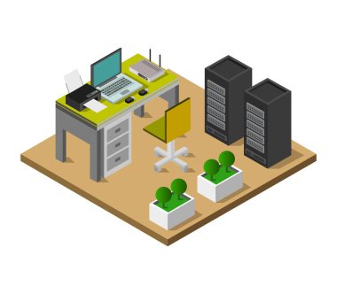Isometric masa, modern iş yeri illüstrasyonu      