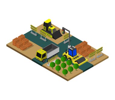 Buldozer ve vinçli bir inşaat alanı.