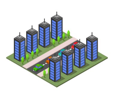 Modern şehir binaları izometrik vektör çizimi.         