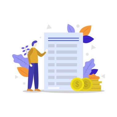 Bir yığın para ve büyük bir belgenin yanında duran bir adam.