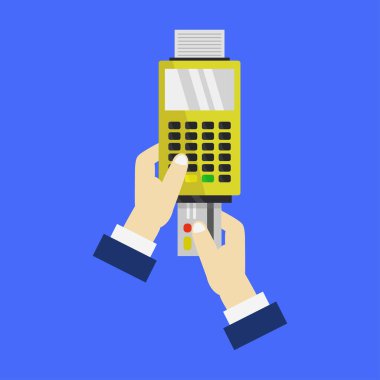 Renk arkaplanı üzerinde erkek elleri ve ödeme terminalinin yakın plan görüntüsü  