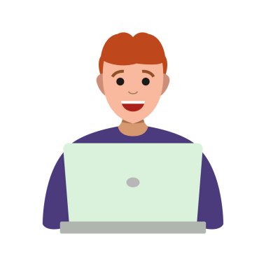 Genç adam beyaz arka planda iş yerinde dizüstü bilgisayar kullanıyor