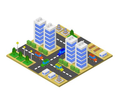 Modern şehir binaları izometrik vektör çizimi.         