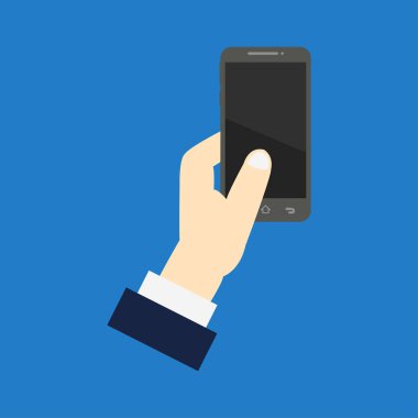 el ele tutuşan modern akıllı telefon simgesi mavi arkaplanda