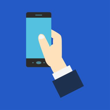 el ele tutuşan modern akıllı telefon simgesi mavi arkaplanda