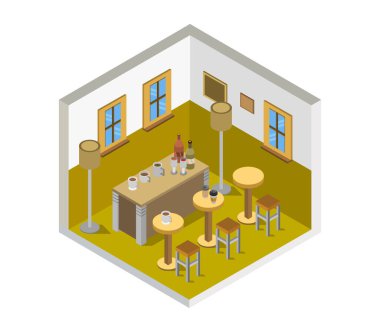 Bir restoranın içerisi izometrik.