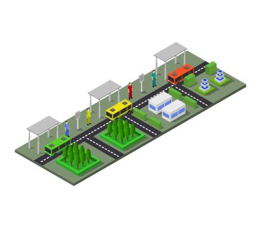 Bir sürü araba, park yeri ve araba ve vektör ile yolun izometrik vektör çizimi