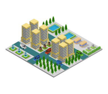 Modern şehir binaları izometrik vektör çizimi.         