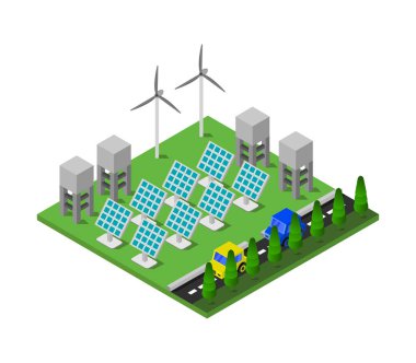 Beyaz zemin üzerinde modern güneş panelleri ve yel değirmenleri, ekoloji kavramı