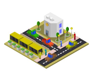Arabaları ve trenleri olan izometrik şehir caddesi