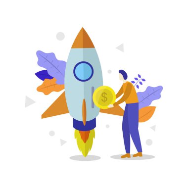 İş ve başarı kavramı. Roketli bir iş adamının düz tasarım çizimi. vektör illüstrasyonu.