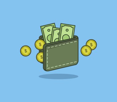 Cüzdanında banknotlar ve sikkeler vektör çizimi tasarımı 