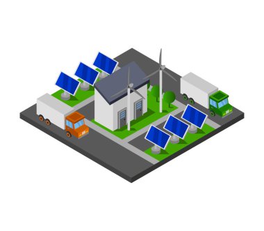 Beyaz zemin üzerinde modern güneş panelleri ve yel değirmenleri, ekoloji kavramı