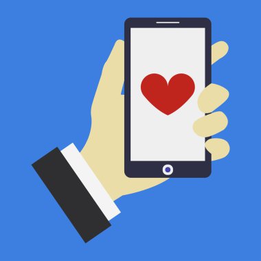 el ele tutuşan modern akıllı telefon simgesi mavi arkaplanda