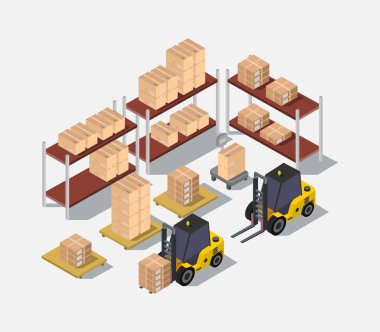 İzometrik kargo kamyonu ve içinde palet olan kutular