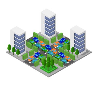 Modern şehir binaları izometrik vektör çizimi.         