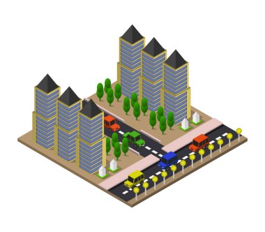 Modern şehir binaları izometrik vektör çizimi.         