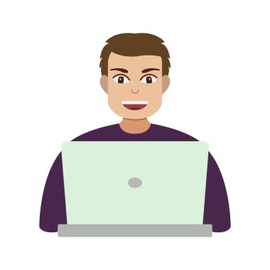 Genç adam beyaz arka planda iş yerinde dizüstü bilgisayar kullanıyor