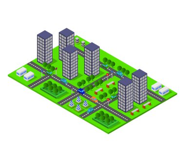 Modern şehir binaları izometrik vektör çizimi.         