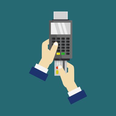 Renk arkaplanı üzerinde erkek elleri ve ödeme terminalinin yakın plan görüntüsü  