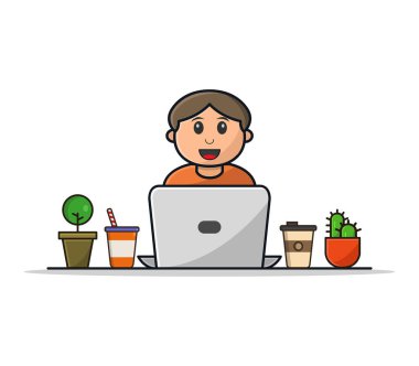 Genç adam beyaz arka planda iş yerinde dizüstü bilgisayar kullanıyor