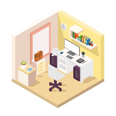 Beyaz arkaplanda ofis odası izometrik biçim çizimi