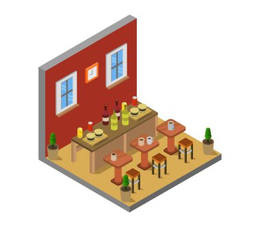 izometrik vektör illüstrasyonu, barın içi