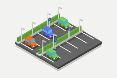 Arabaları ve trafik işaretleriyle izometrik yol. 3 boyutlu izometrik vektör çizimi.