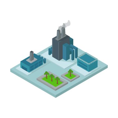 Fabrikası ve dumanı olan izometrik sanayi binaları