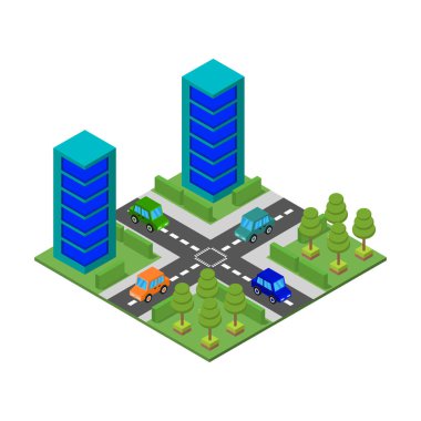 Arabaları ve gökdelenleri olan izometrik şehir