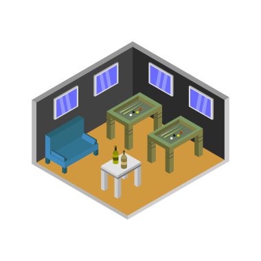 bilardo masası ve sandalyelerle izometrik iç mekan