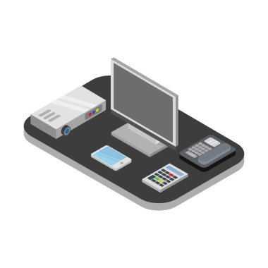 Bilgisayar simgesi, vektör illüstrasyon tasarımlı izometrik ofis çalışma alanı     