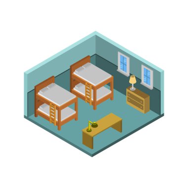 Modern mutfak mobilyaları ve mobilyalarıyla izometrik oda iç tasarımı, vektör illüstrasyonu