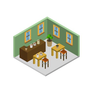 Modern mobilyalarla izometrik iç mekan.