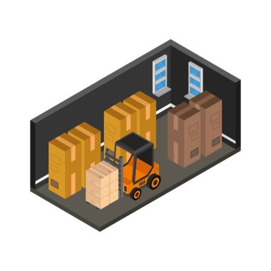 Depo ve kamyon vektör illüstrasyonu kutularıyla dağıtım servisi izometrik bileşimi