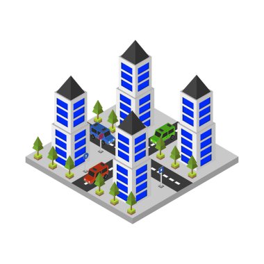 Ağaçları ve binaları olan izometrik şehir