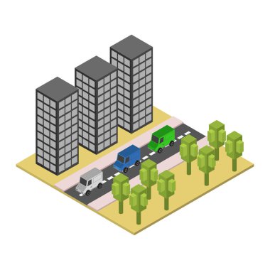 Ağaçlı, arabalı, arabalı, izometrik şehir parkı. şehir yolu.