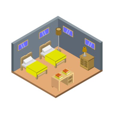 İçerideki izometrik yatak odası. vektör illüstrasyonu         