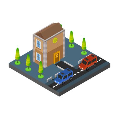 Arabalı izometrik ev ve yol vektörü çizimi