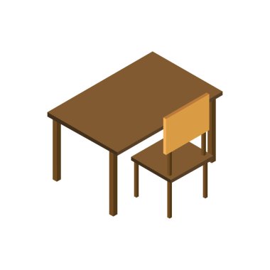 İzometrik biçim tablosu ve masa sandalyesi beyaz arkaplanda izole 