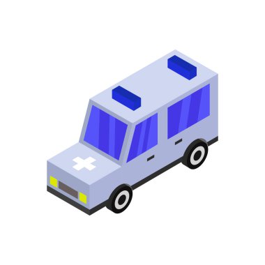 Ambulans simgesi. İzometrik çizimde ambulans vektör simgesi web için