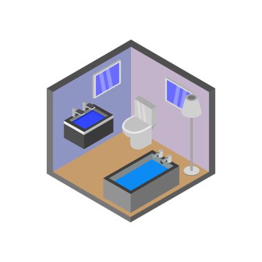 Banyo vektörü çiziminin izole edilmiş görüntüsüyle banyo içi izometrik bileşimi