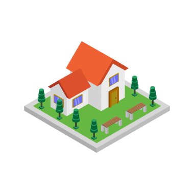 Yeşil çimenli ve bahçe ikonlu vektör izometrik ev