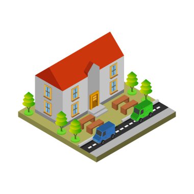 Yol ve ağaç vektörlü izometrik ev