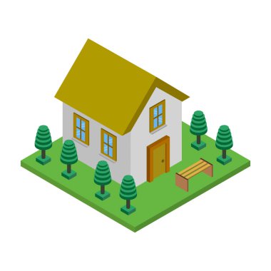 Yeşil çimen ve ağaçlarla izometrik ev vektör çizimi