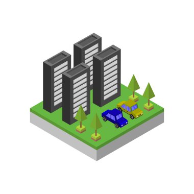 Araç vektör illüstrasyonlu izometrik şehir binası