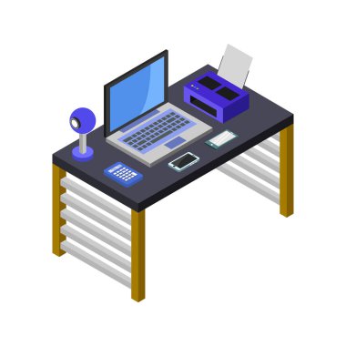 Klavye ve dizüstü bilgisayar vektör illüstrasyonlu izometrik ofis masası