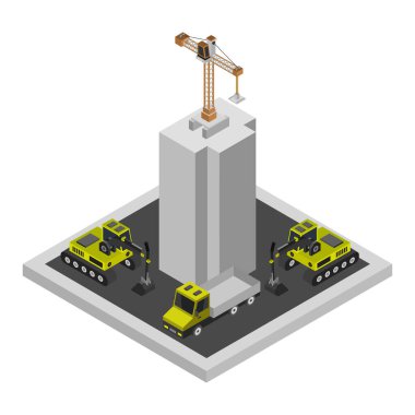 Vinçli ve binalı bir inşaat alanının izometrik vektör çizimi