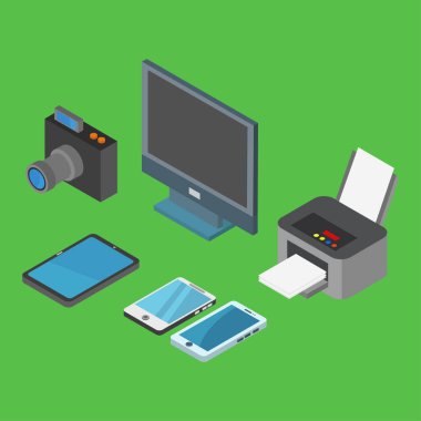 ofis ekipmanları telefonlar, kamera ve yazıcı, vektör illüstrasyonu basit tasarım 